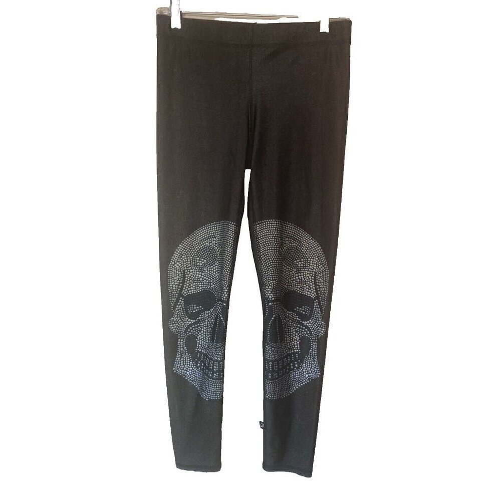Terez Crystal Skull Hi-Shine Slim Band Leggings Size Medium USA Goth Punk Emo